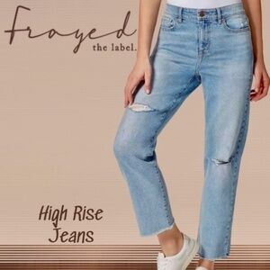 FRAYED High-Rise Straight Ankle-Length Raw Hem Jeans